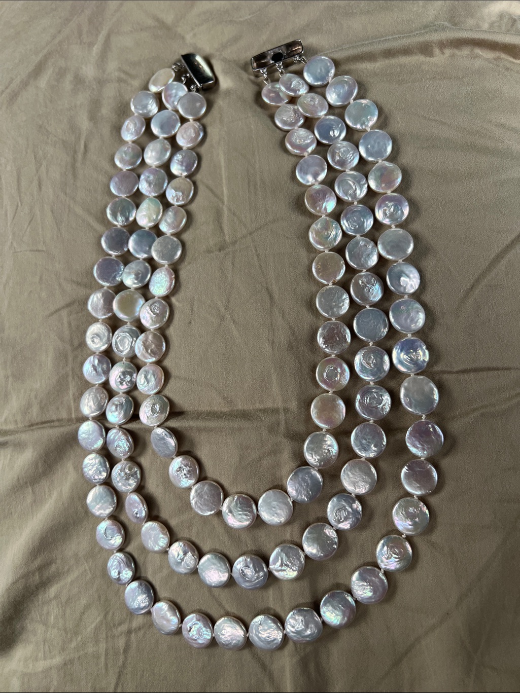Vintage 925 Triple Strand Iridescent Coin Pearl Necklace